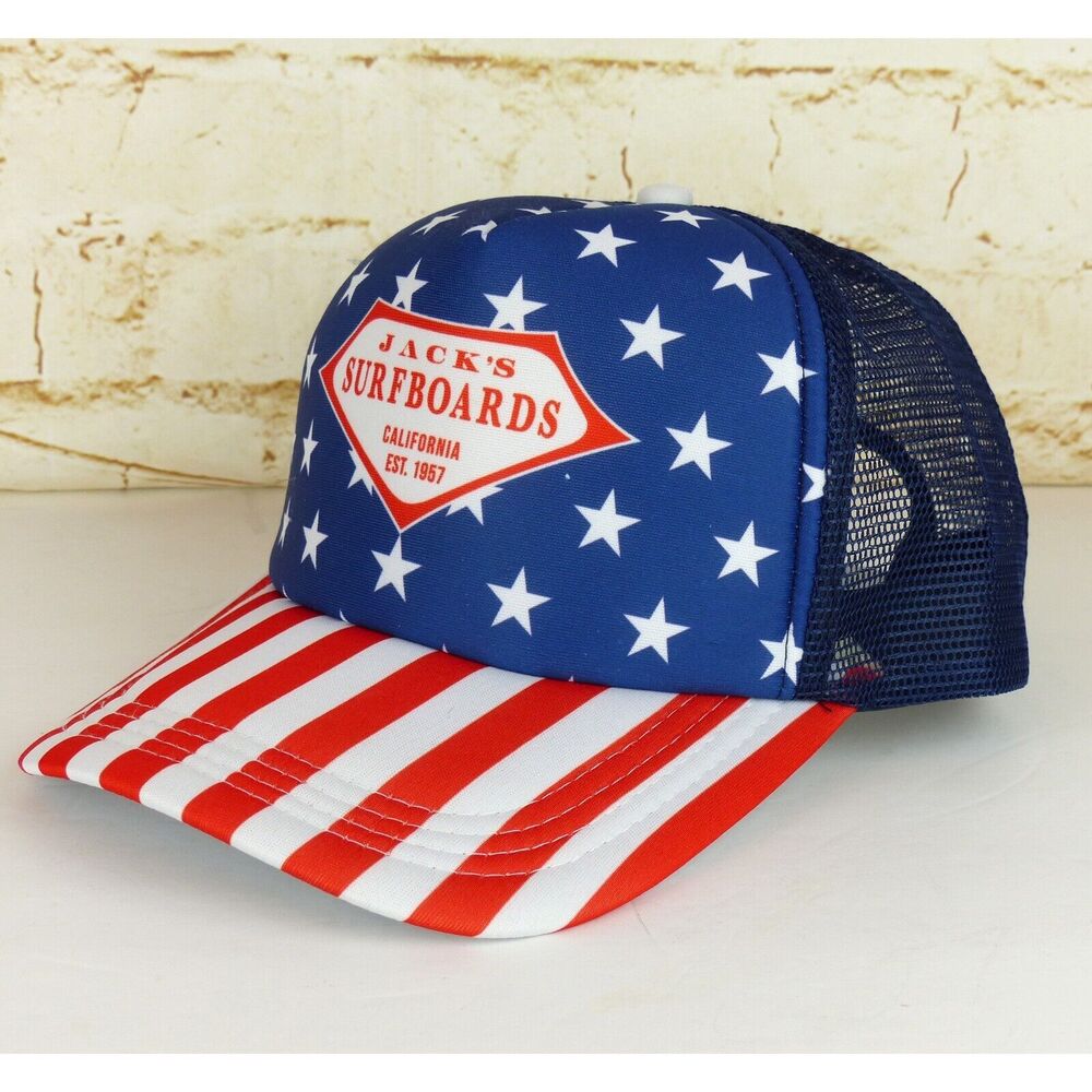 Jacks Surfboards USA Flag Trucker Hat Mens Blue Star Stripes Snapback America